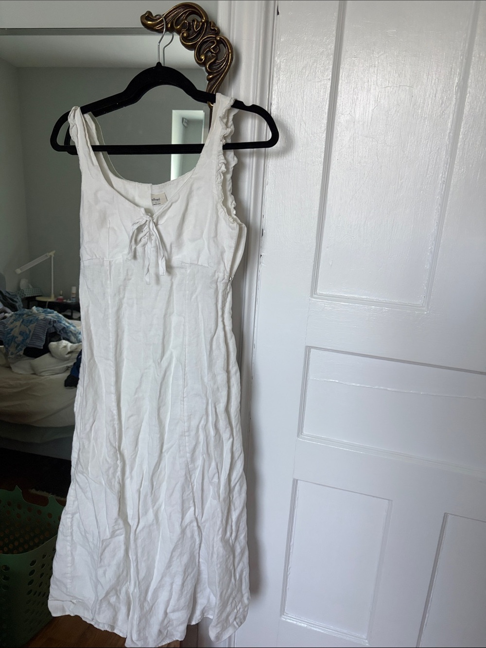 White Sleeveless Cotton Sundress with Tie Front